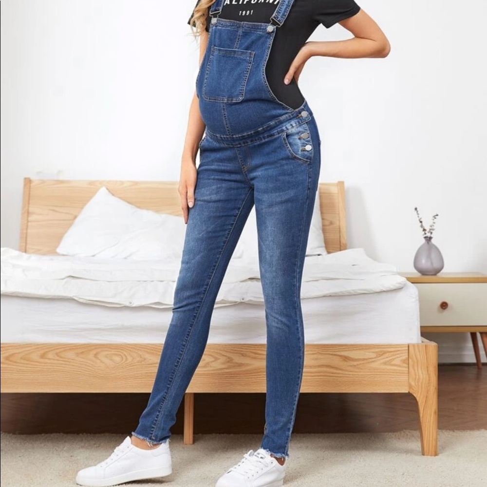 Maternity Button Detail Raw Hem Denim Overalls NWOT Size XL